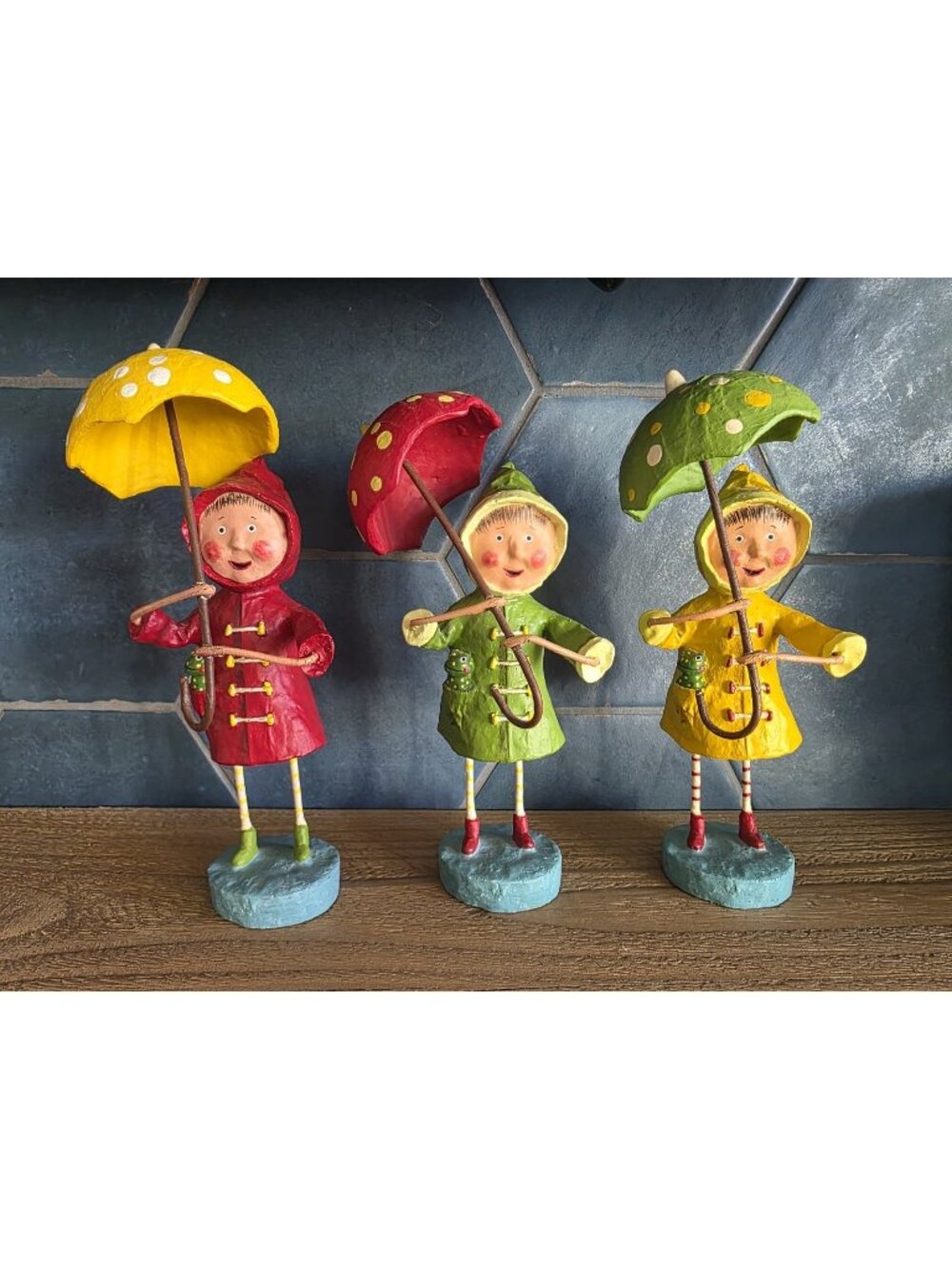Lori Mitchell April Showers SET OF 3 Figurines Raincoat Umbrella Frog 7.5” NEW